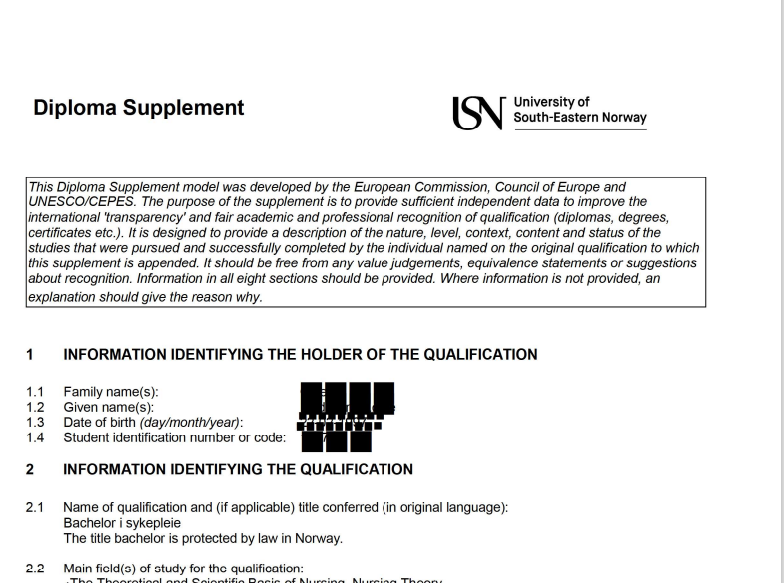 Diploma Supplement Example Norway Europass
